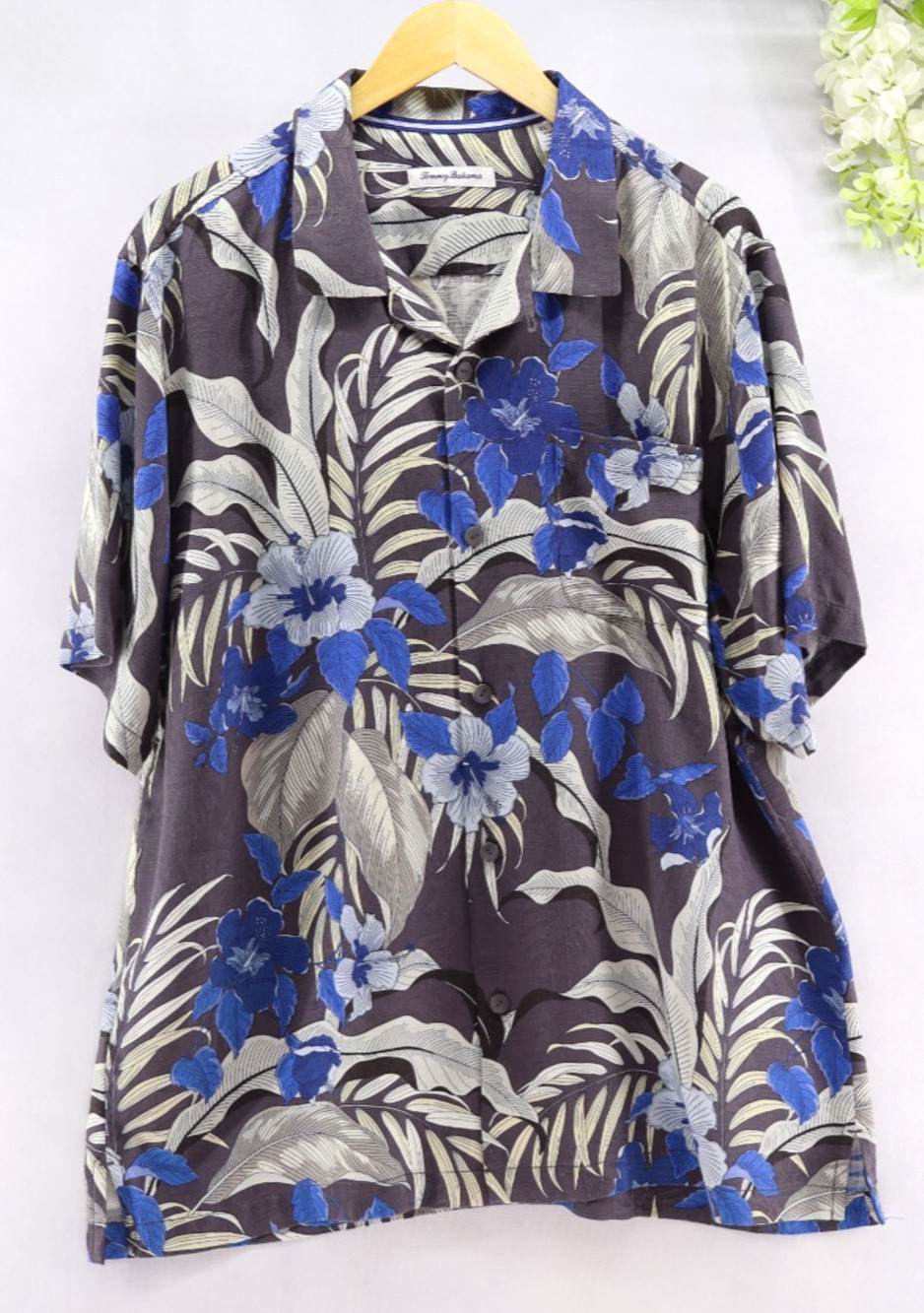 Tommy Bahama Sz XL Men's Silk Hawaiian Camp Shirt Blue/Brown Floral Resorwear